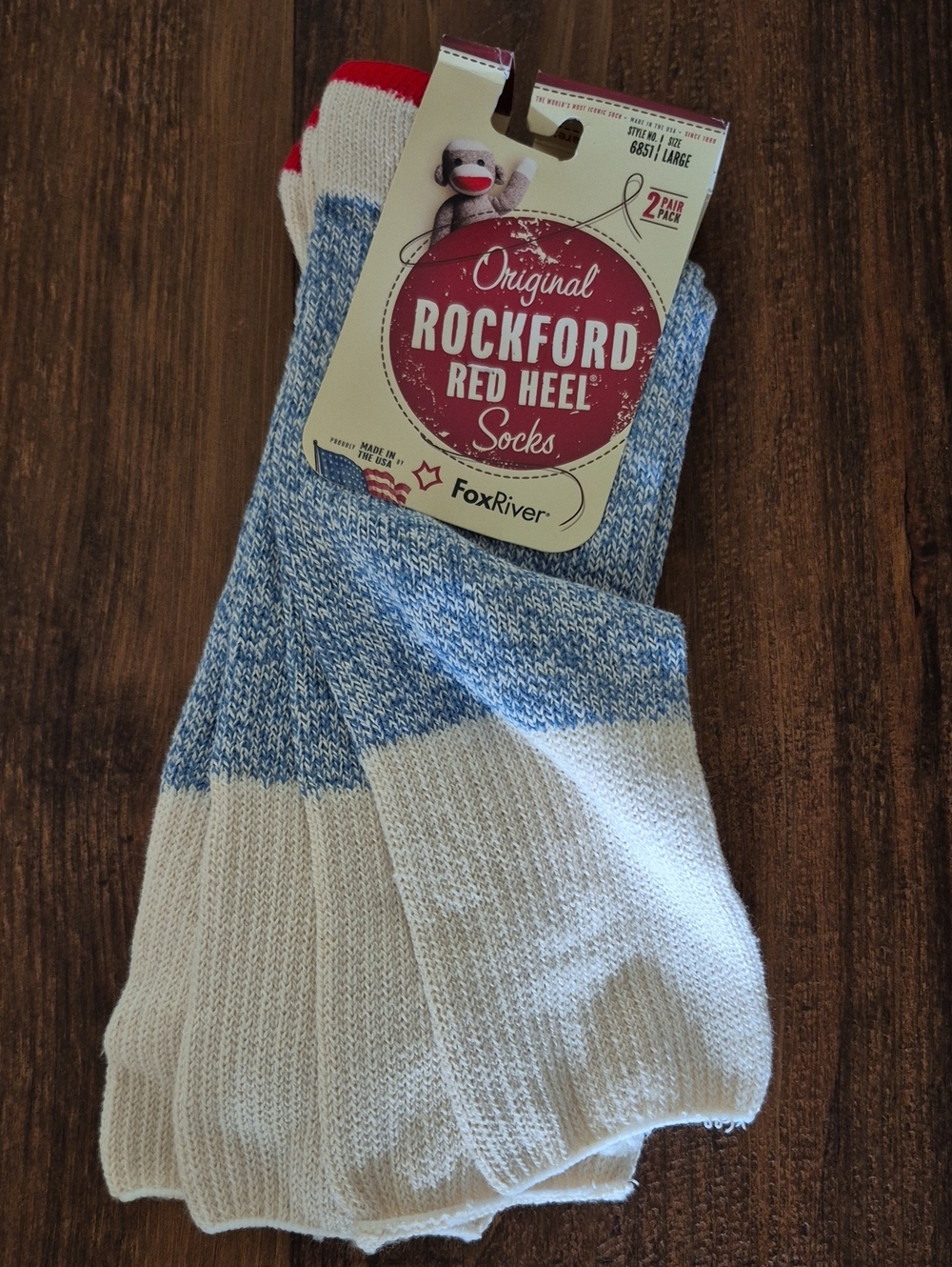 Rockford Red Heel Men’s Crew Socks in Blue & White 2 pair SOCK MONKEY